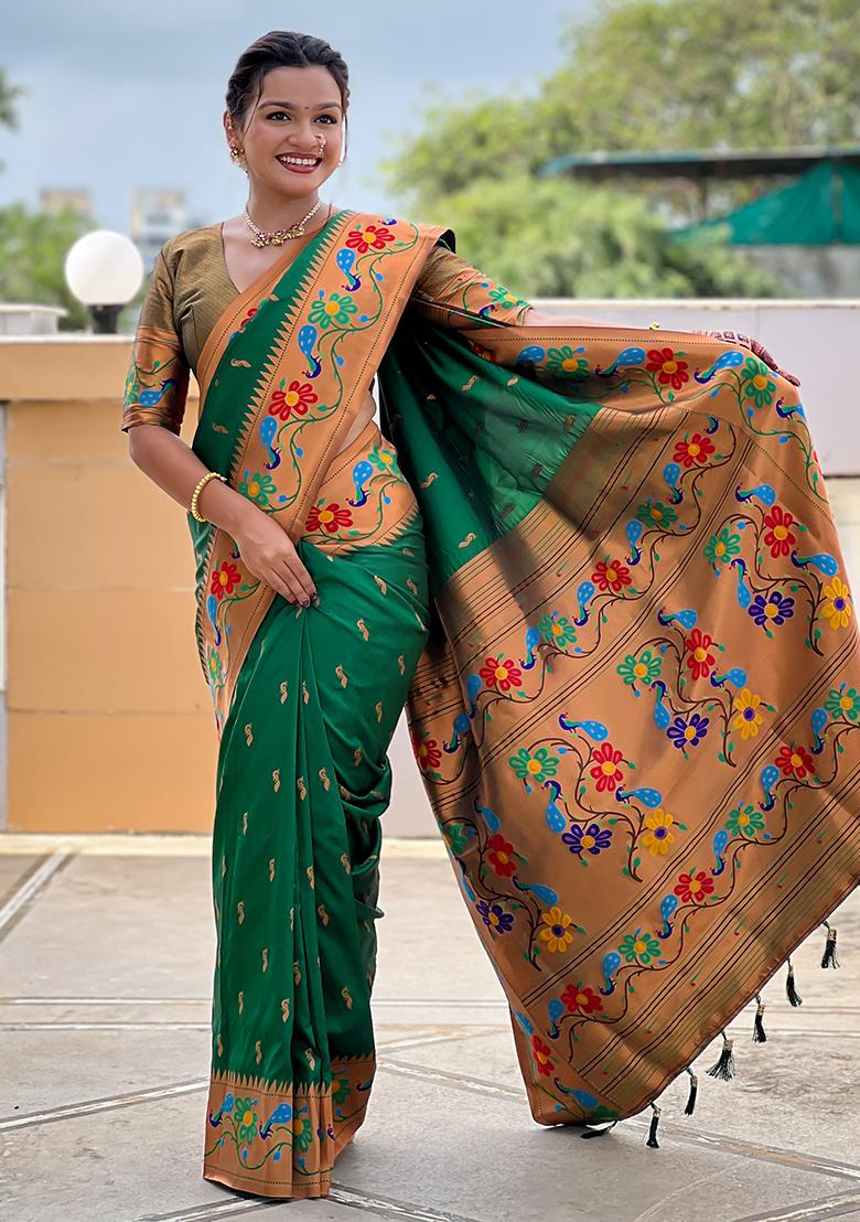 Green Zari Work Silk Saree Set - Indya