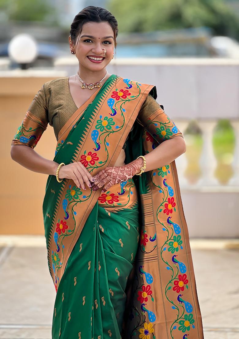 Green Zari Work Silk Saree Set - Indya