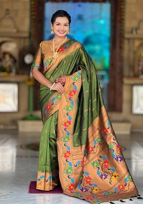 Mehendi Zari Work Silk Saree Set