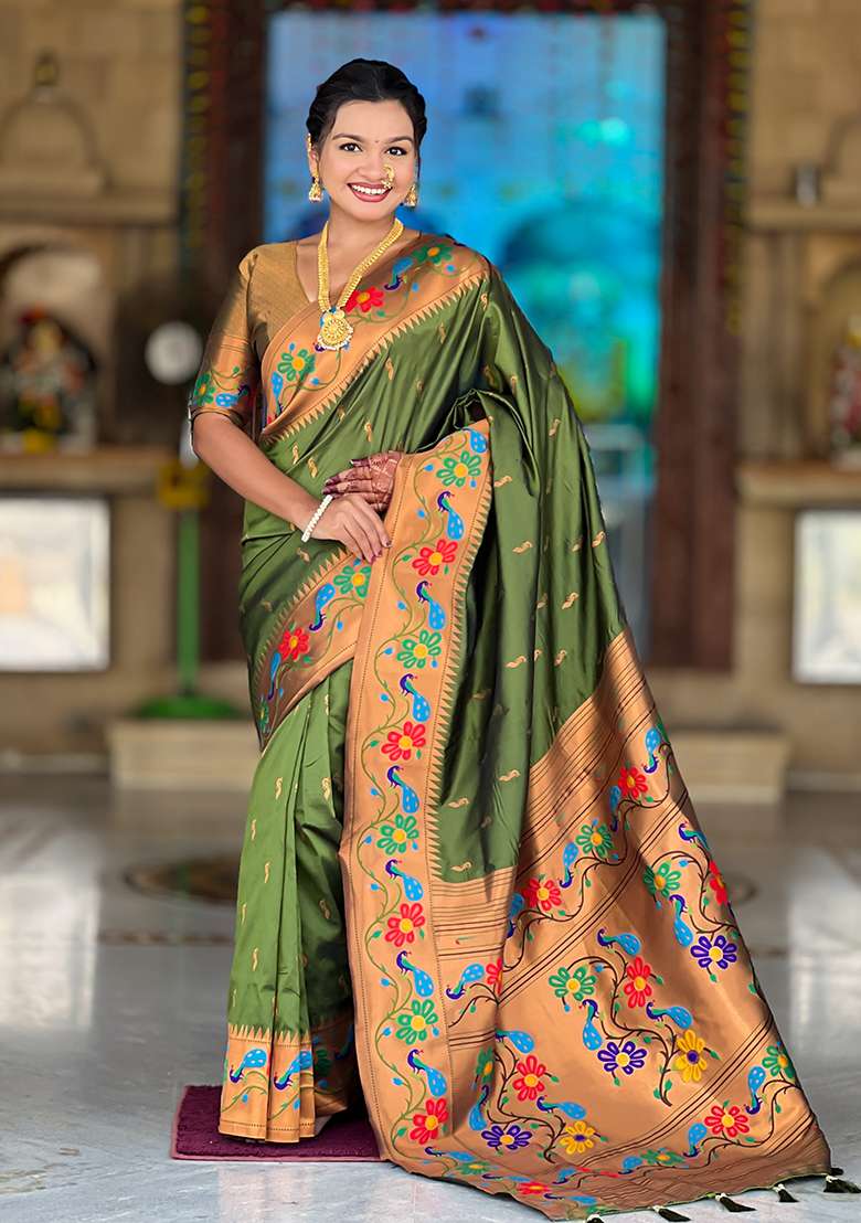 Mehendi Zari Work Silk Blend Saree Set for Diwali and Festive Wear - Indya