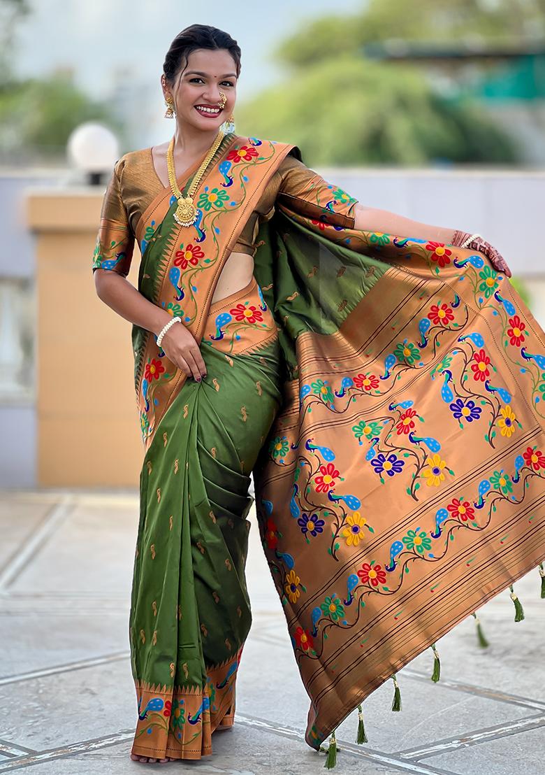 Mehendi Zari Work Silk Saree Set - Indya