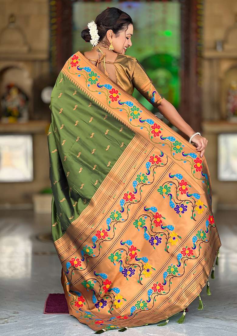 Mehendi Zari Work Silk Blend Saree Set for Diwali and Festive Wear - Indya