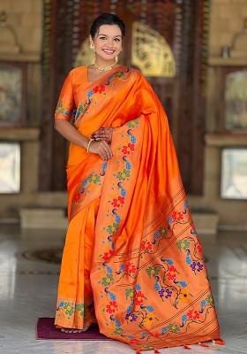Orange Zari Work Silk Saree Set