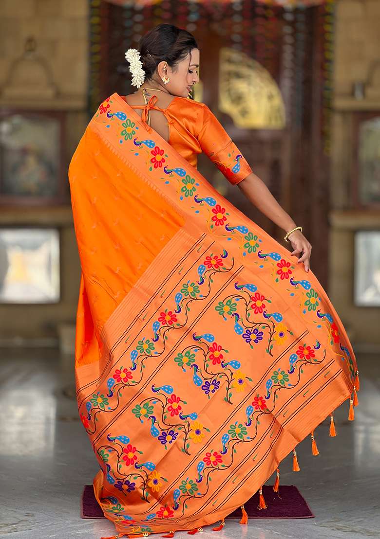 Orange Silk Blend Saree Set with Zari Work for Diwali | Wedding & Festive Wear - Indya