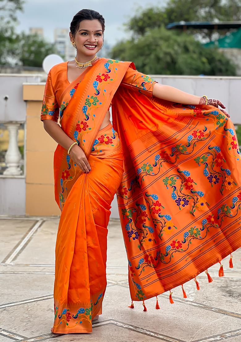 Orange Zari Work Silk Saree Set - Indya