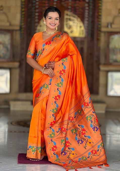 Orange Zari Work Silk Saree Set