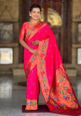 Rani Pink Zari Work Silk Saree Set
