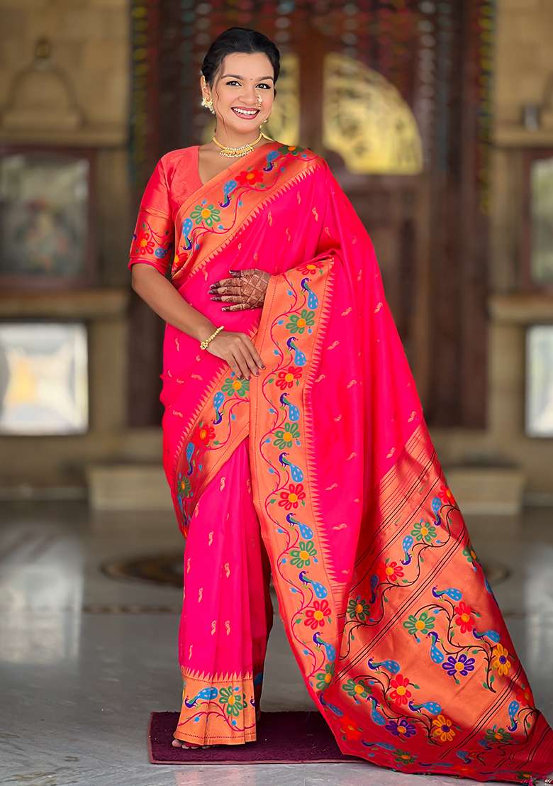Rani Pink Silk Blend Saree Set with Zari Work for Diwali | Wedding & Festive Wear - Indya
