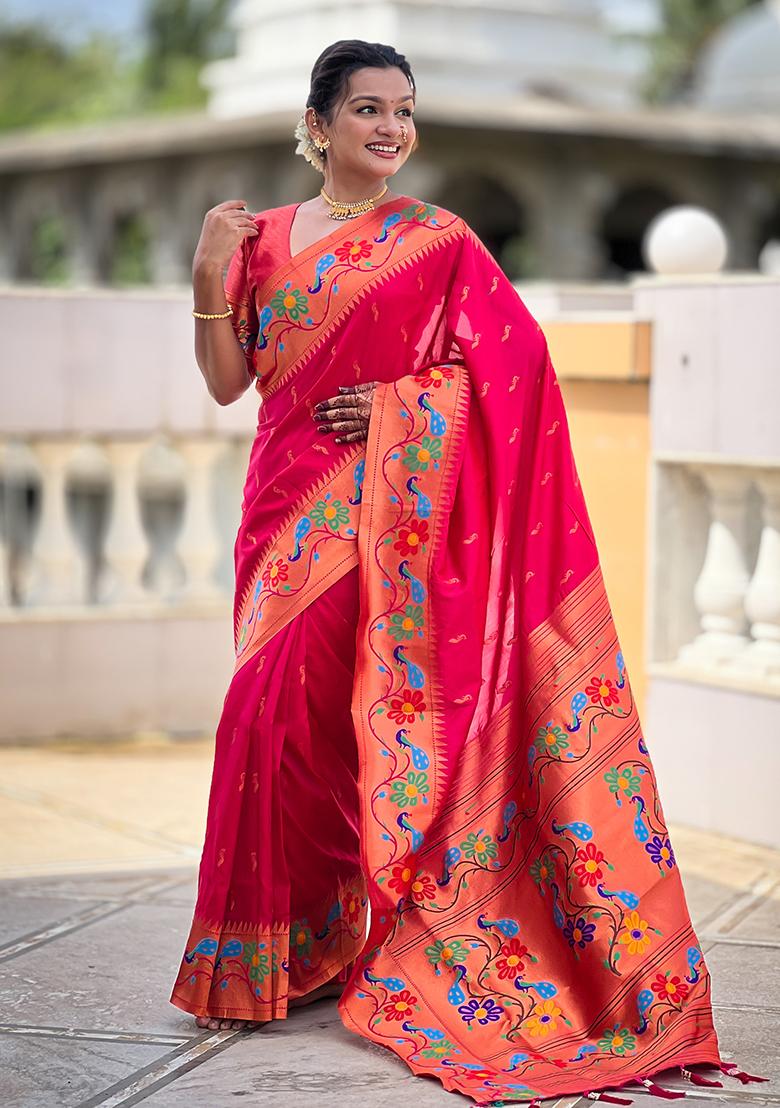 Rani Pink Zari Work Silk Saree Set - Indya
