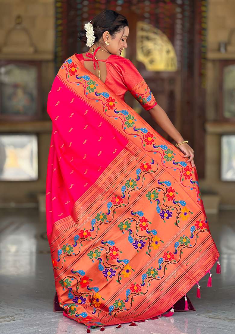 Rani Pink Silk Blend Saree Set with Zari Work for Diwali | Wedding & Festive Wear - Indya