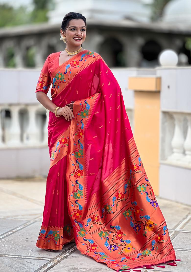 Rani Pink Zari Work Silk Saree Set - Indya