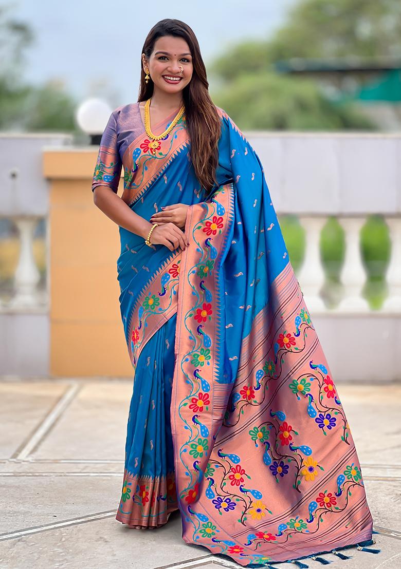 Sky Blue Zari Work Silk Saree Set - Indya