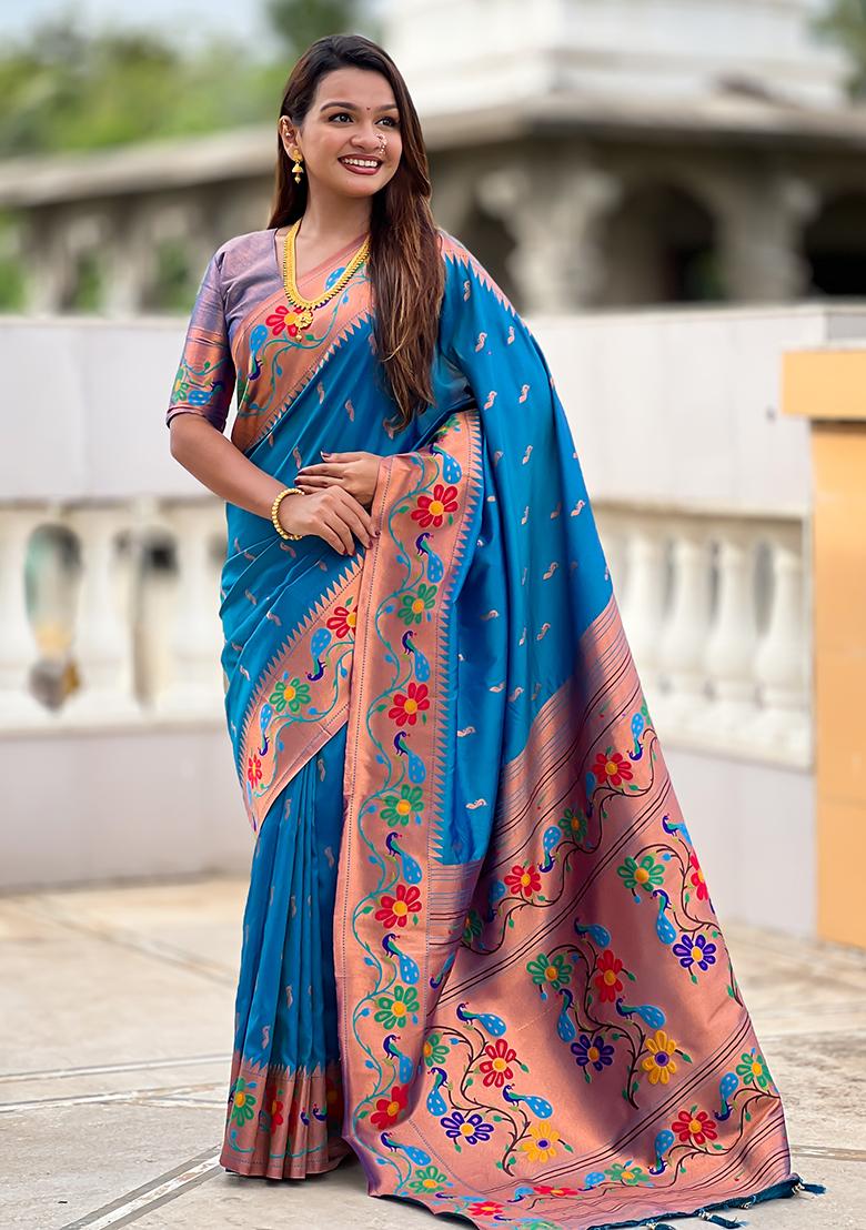Sky Blue Zari Work Silk Saree Set - Indya