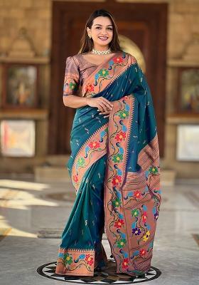 Teal Rama Zari Work Silk Saree Set