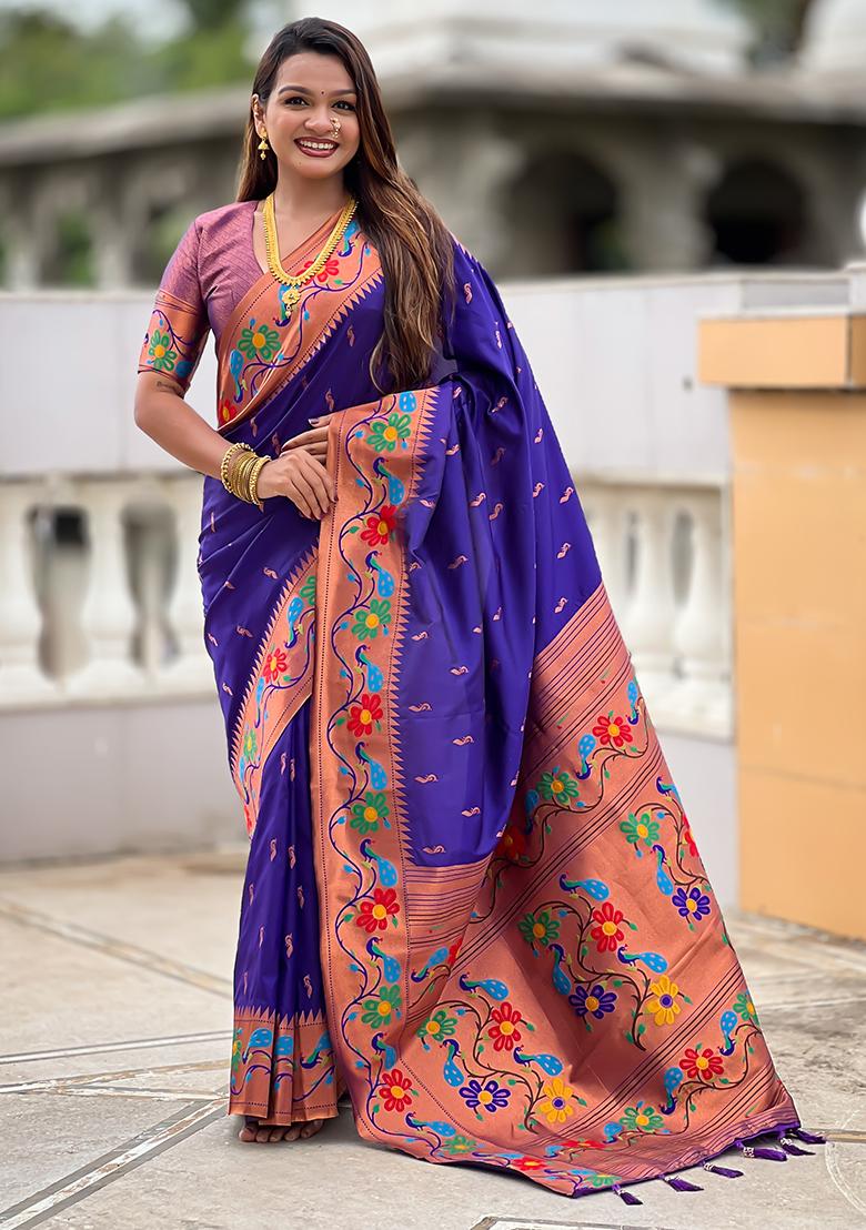 Violet Zari Work Silk Saree Set - Indya