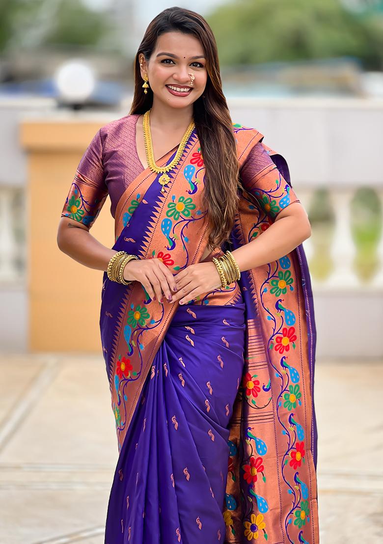Violet Zari Work Silk Saree Set - Indya