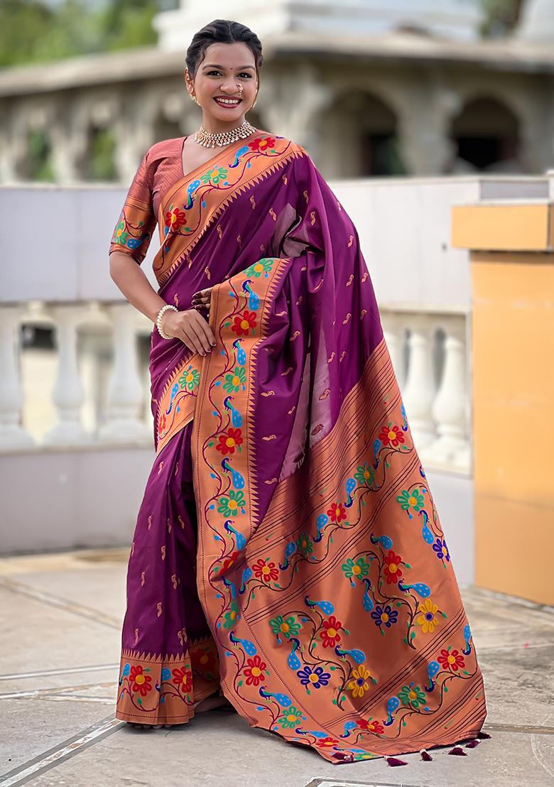 Wine Zari Work Silk Saree Set - Indya