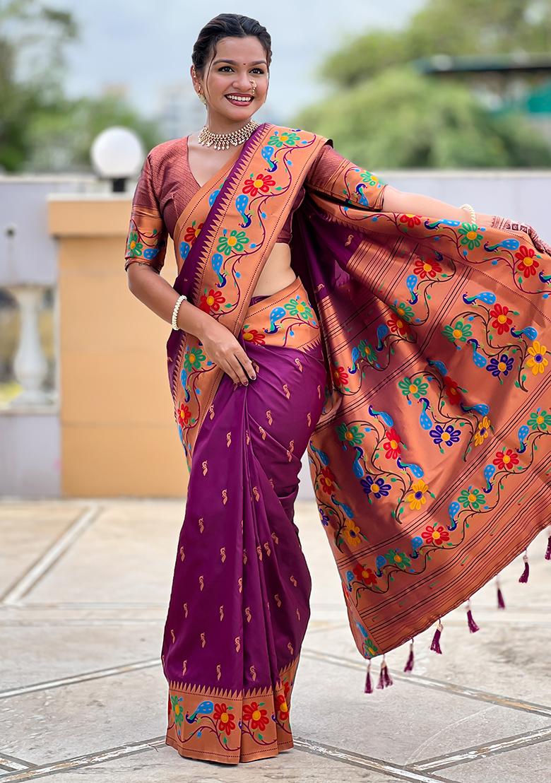 Wine Zari Work Silk Saree Set - Indya