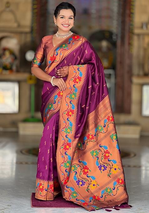 Wine Zari Work Silk Saree Set