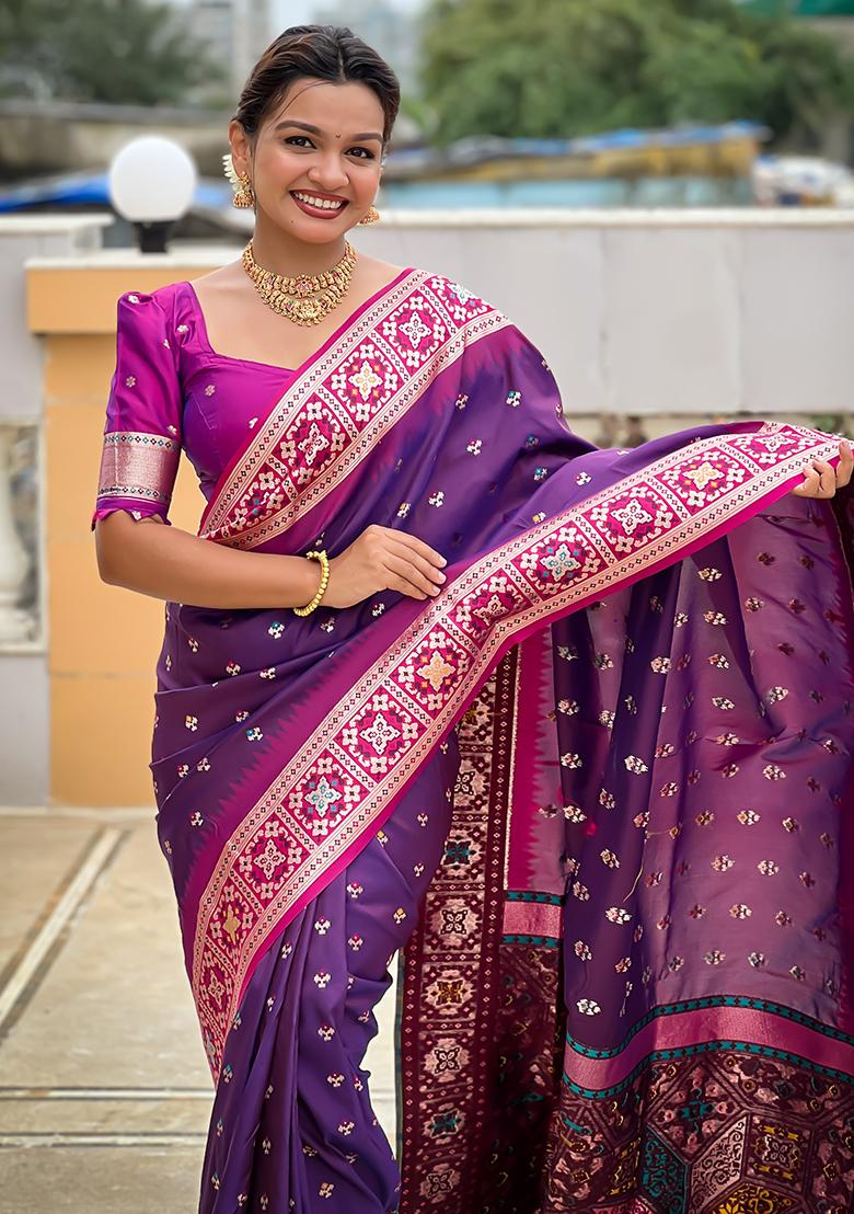 Magenta Zari Work Silk Saree Set - Indya