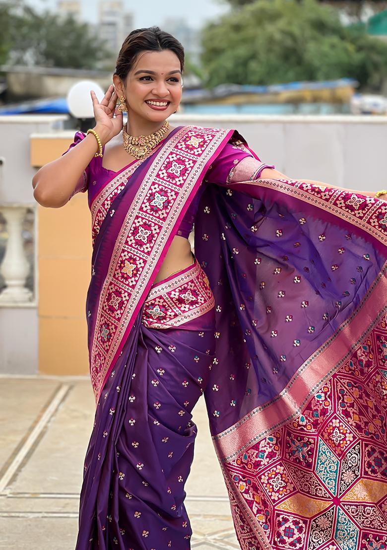 Magenta Zari Work Silk Saree Set - Indya