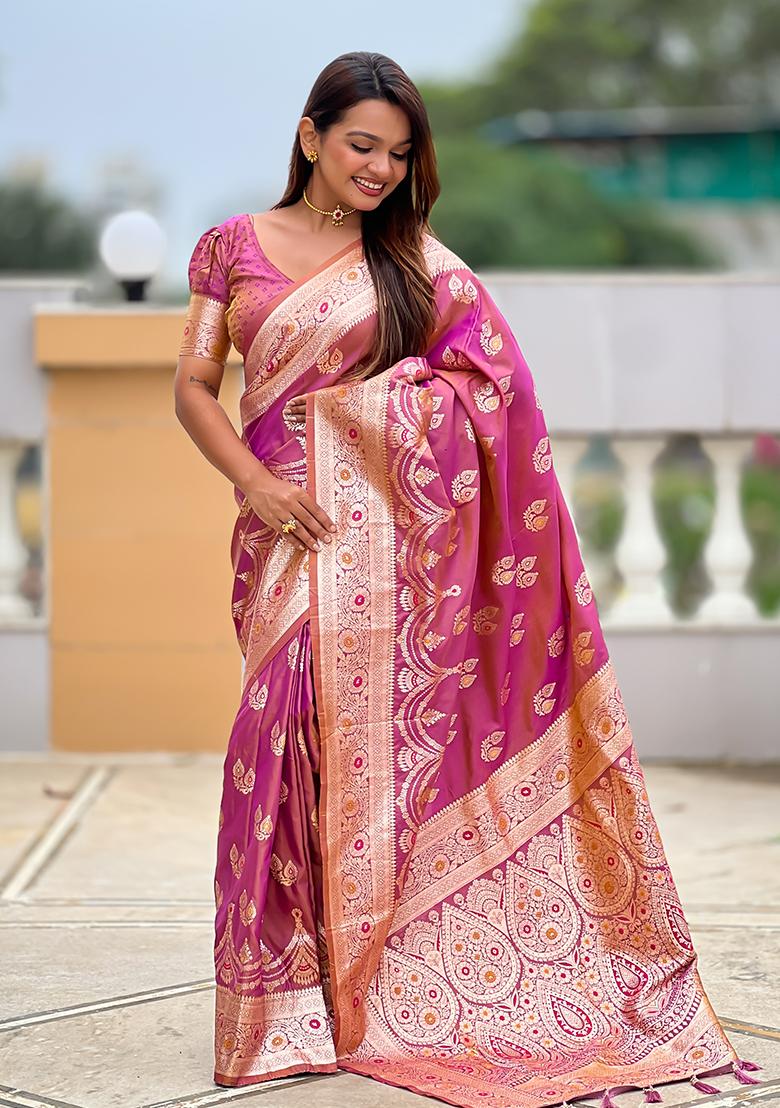 Lavender Zari Work Silk Saree Set - Indya