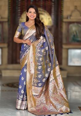 Navy Blue Zari Work Silk Saree Set