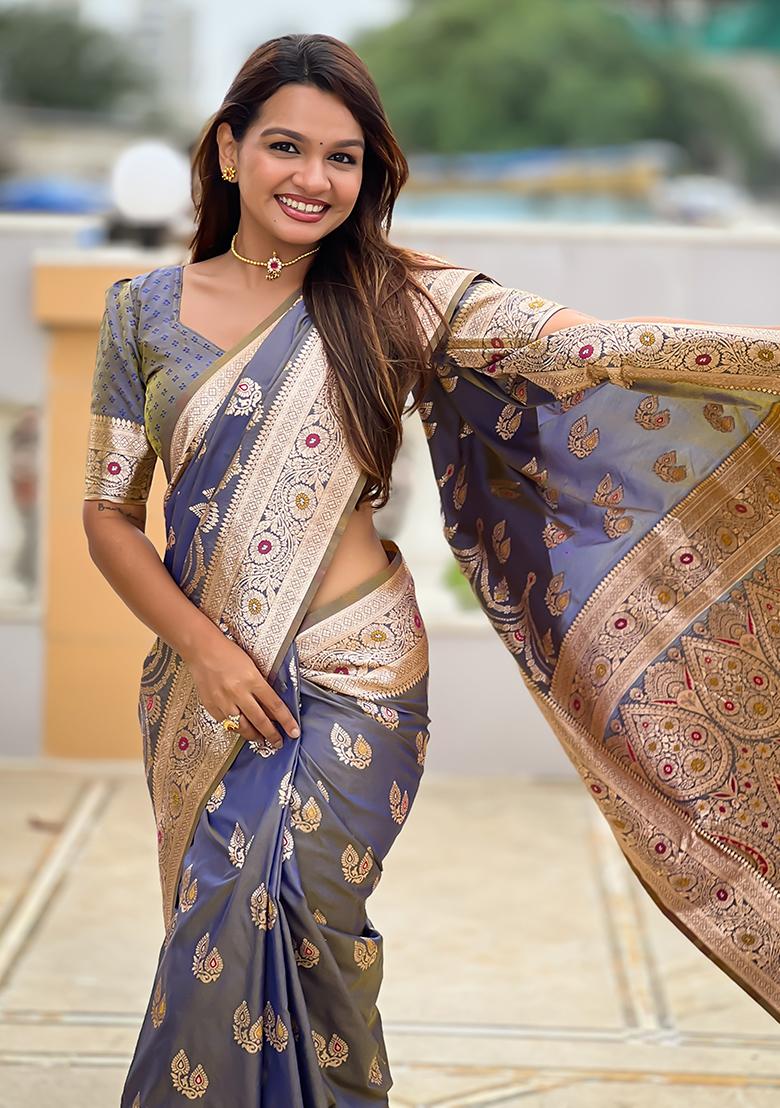 Navy Blue Zari Work Silk Saree Set - Indya