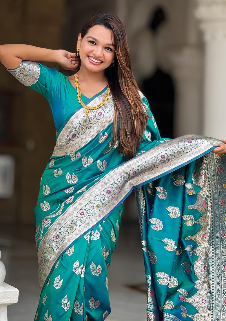 Rama Zari Work Silk Saree Set - Indya