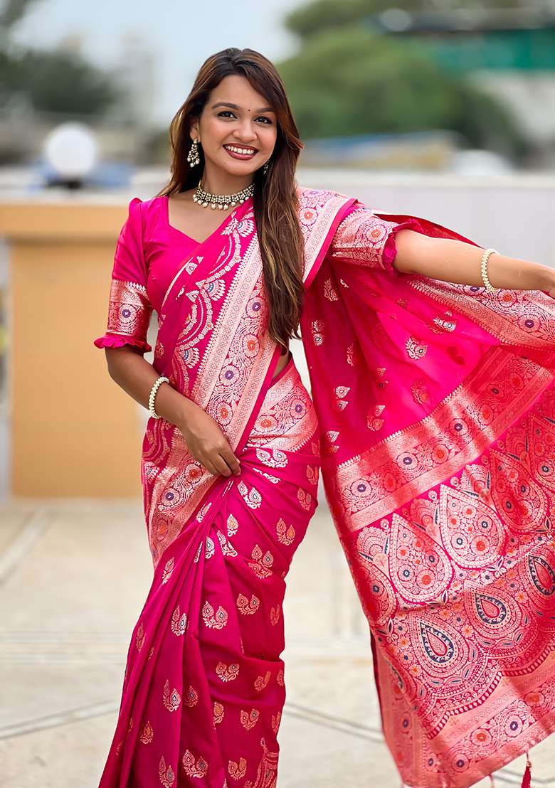 Pink Zari Work Silk Blend Saree Set for Diwali and Festive Wear - Indya