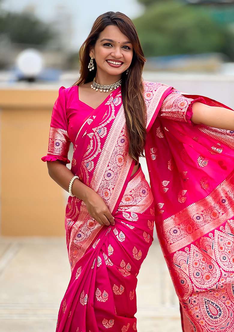 Pink Zari Work Silk Blend Saree Set for Diwali and Festive Wear - Indya