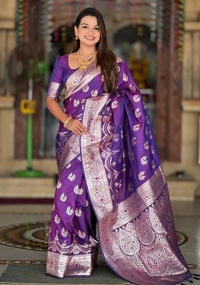 Purple Zari Work Silk Saree Set