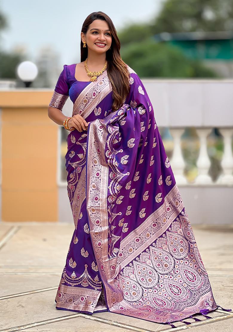 Purple Zari Work Silk Saree Set - Indya