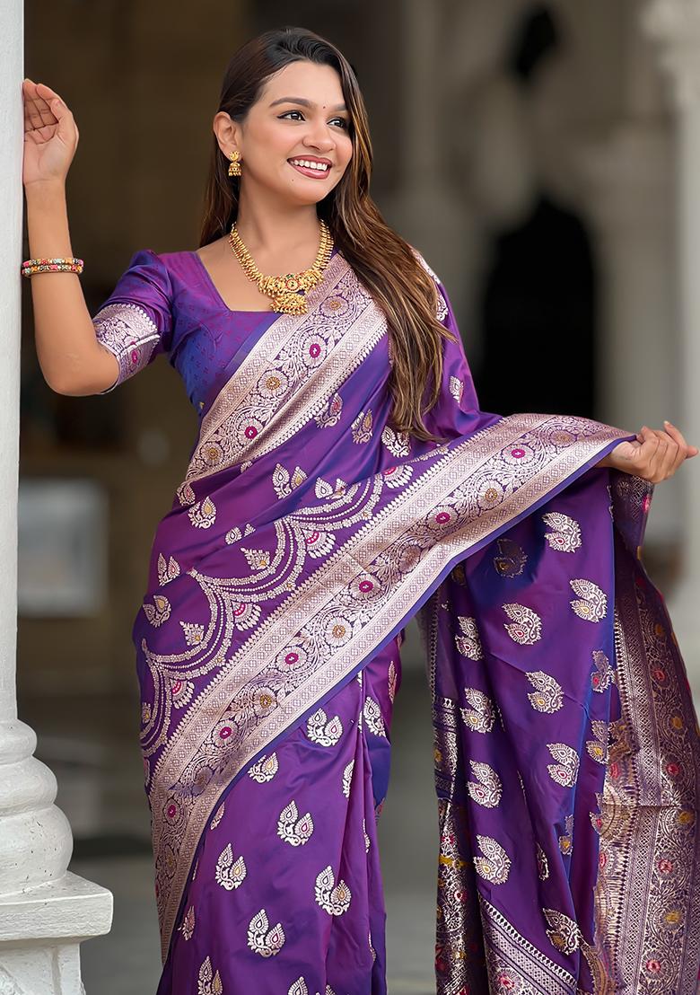Purple Zari Work Silk Saree Set - Indya