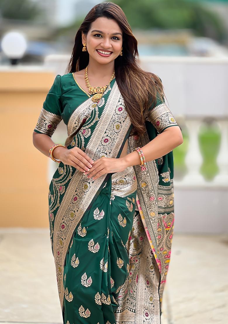 Bottle Green Zari Work Silk Saree Set - Indya