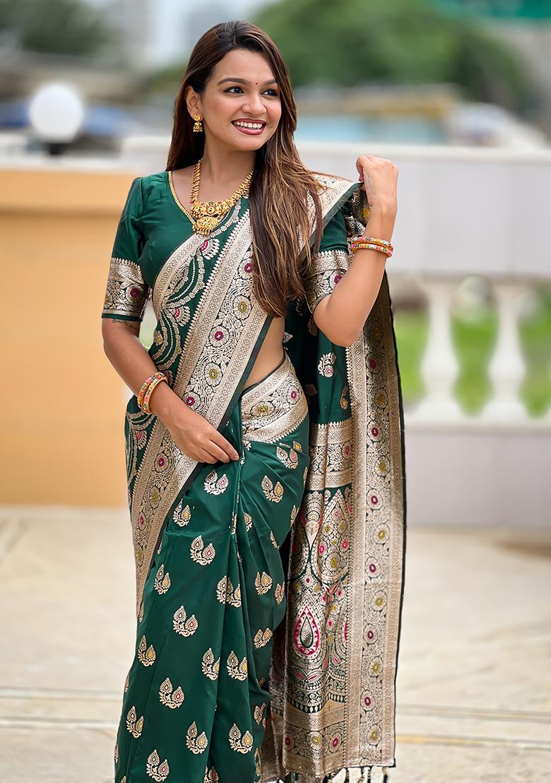 Bottle Green Zari Work Silk Saree Set - Indya