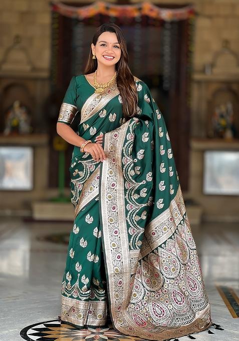 Bottle Green Zari Work Silk Saree Set