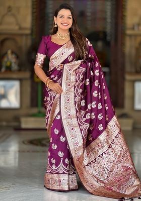 Wine Zari Work Silk Saree Set