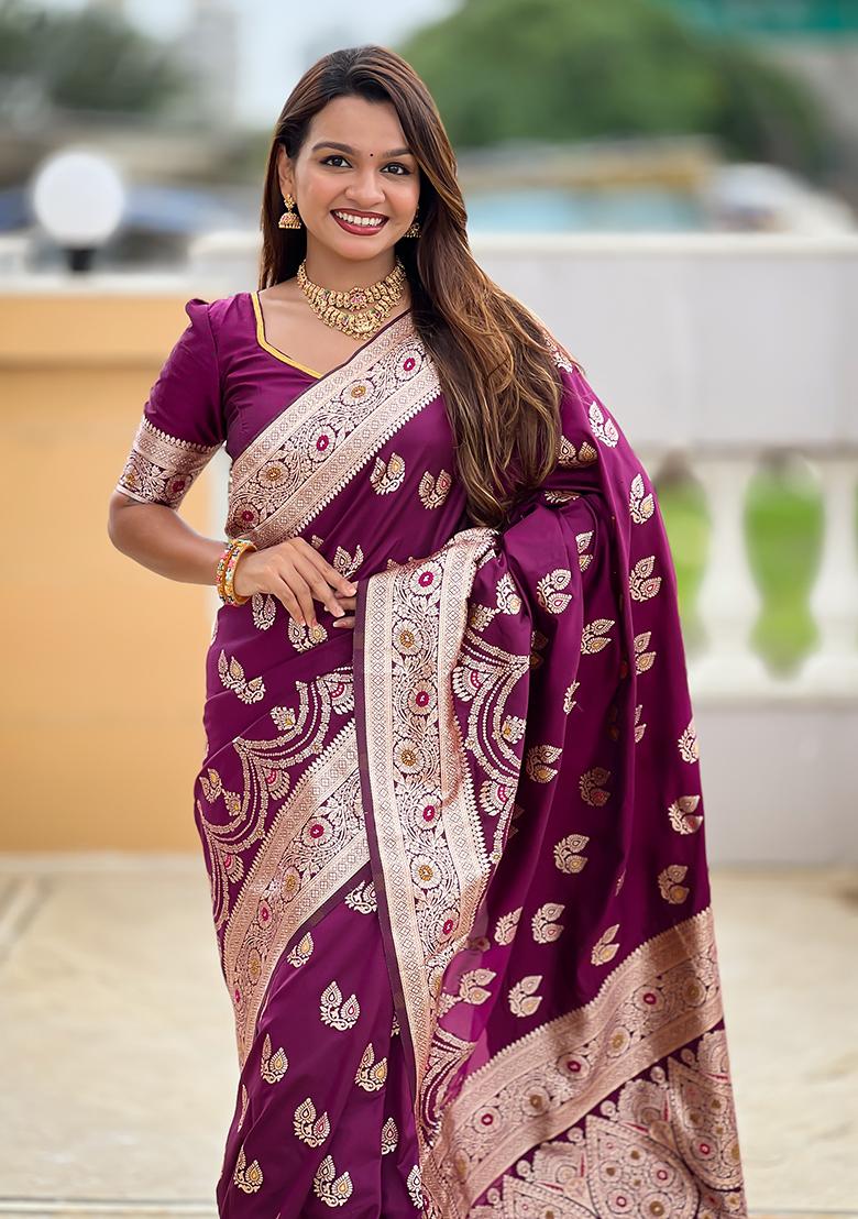 Wine Zari Work Silk Saree Set - Indya