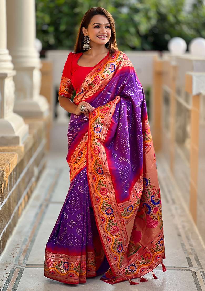Purple Zari Work Silk Blend Saree Set for Diwali and Festive Wear - Indya