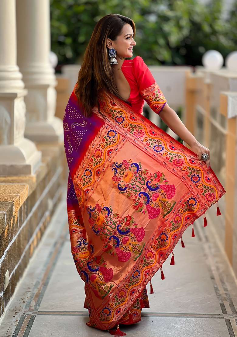 Purple Zari Work Silk Blend Saree Set for Diwali and Festive Wear - Indya