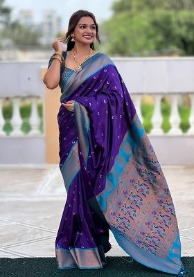 Navy Blue Zari Work Silk Saree Set