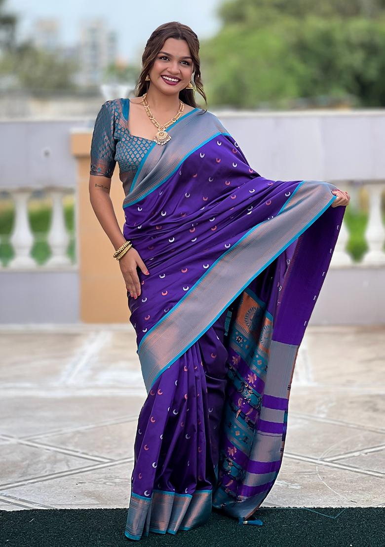 Navy Blue Zari Work Silk Saree Set - Indya