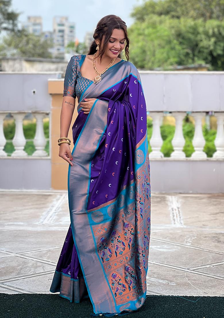 Navy Blue Zari Work Silk Saree Set - Indya