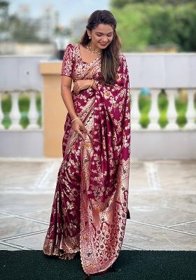 Wine Zari Work Silk Saree Set