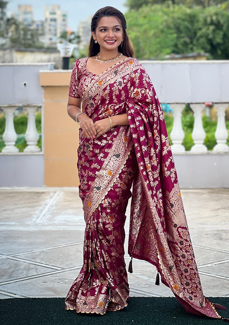 Wine Zari Work Silk Saree Set - Indya