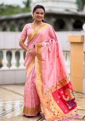 Baby Pink Zari Work Silk Saree Set