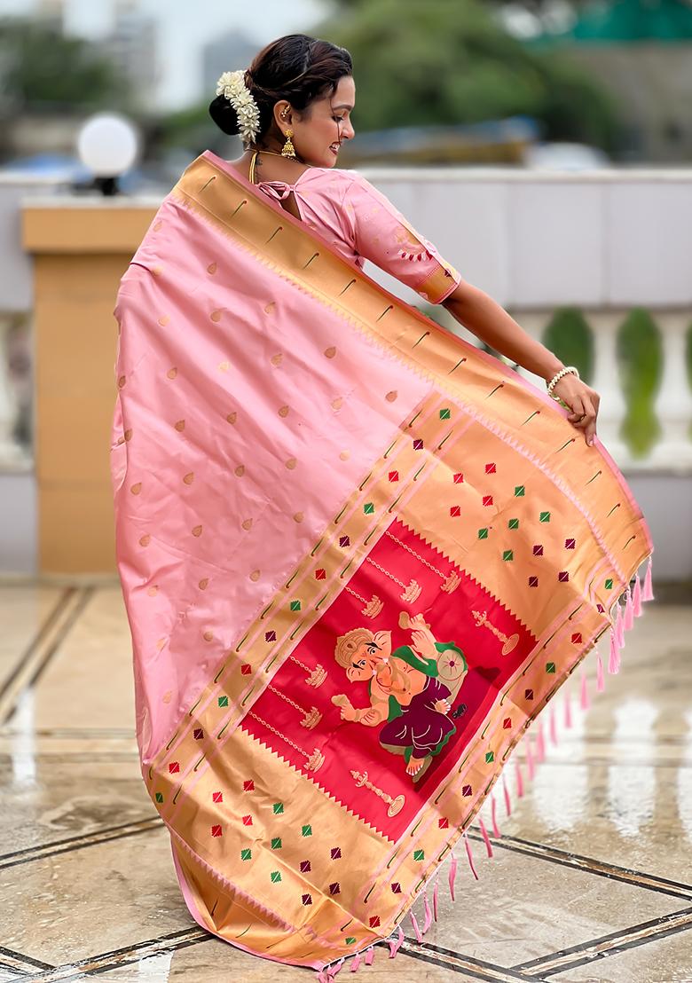 Baby Pink Zari Work Silk Saree Set - Indya
