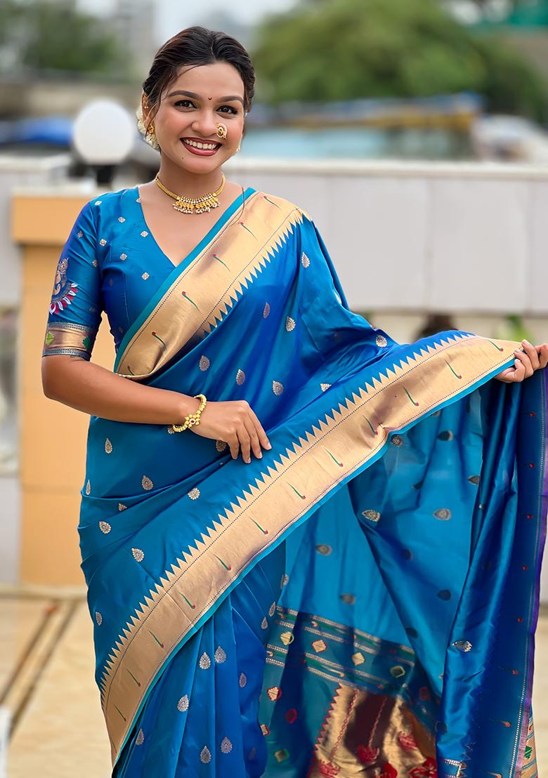 Firozi Zari Work Silk Saree Set - Indya