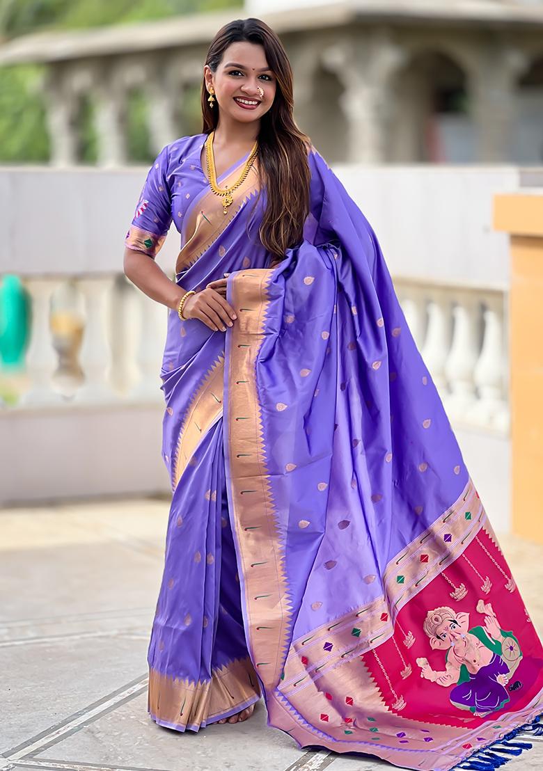 Lavender Zari Work Silk Saree Set - Indya